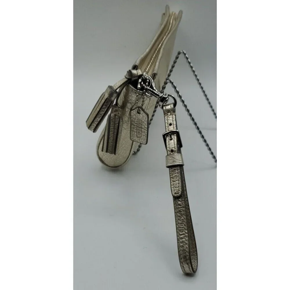 Coach Pebbled Gold Leather Small Zip Tassel Wristlet Removable Strap